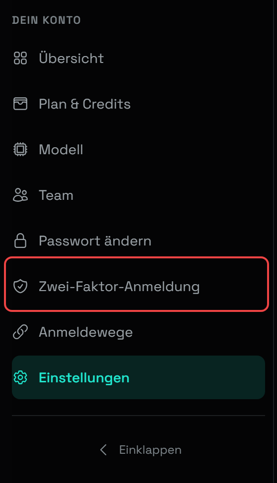 Die Seitenleiste des Kontos, der Eintrag "Zwei-Faktor-Anmeldung" rot umrandet. Darüber Übersicht, Plan & Credits, Modell, Team und Passwort ändern, darunter Anmeldewege und Einstellungen.